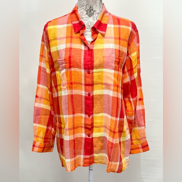 🛍️WESTBOUND Red and orange plaid button down shirt size‎ L. - Picture 1 of 12